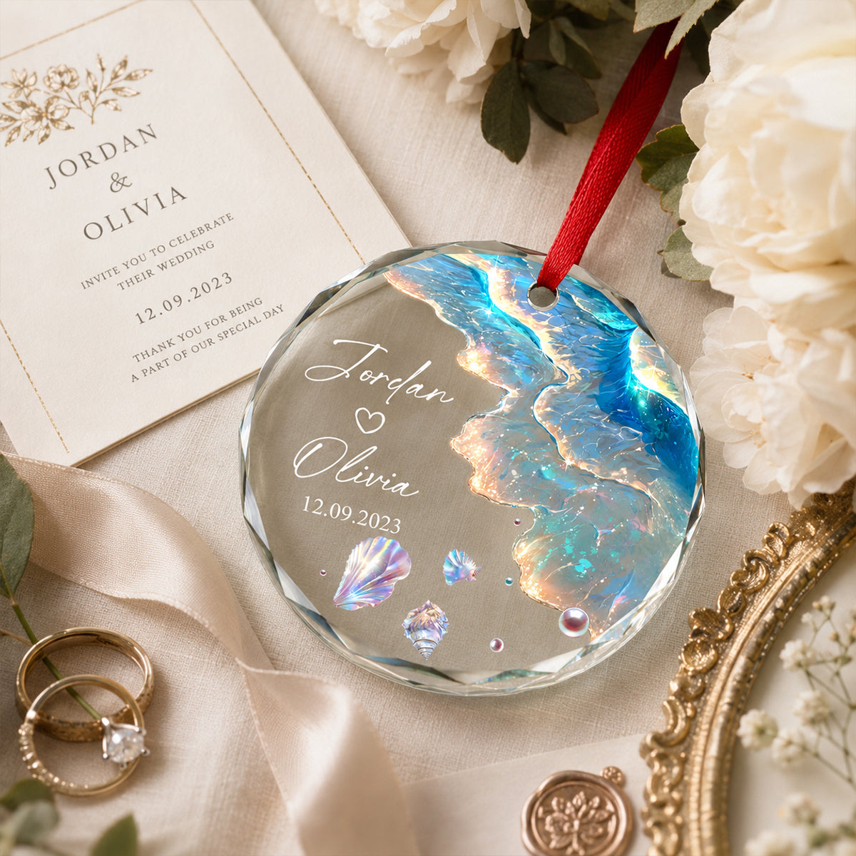 Ocean Wave Custom Engagement Wedding Gift for Couple - Personalized Glass Ornament - Mermaid Tail Keepsake, Mr & Mrs Anniversary Present