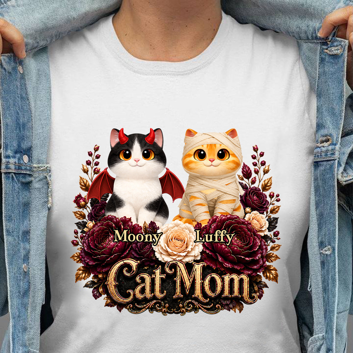 Cats Halloween Preppy Ghost Cherry - Personalized Shirt - Halloween Gift, Gift For Cat Lovers