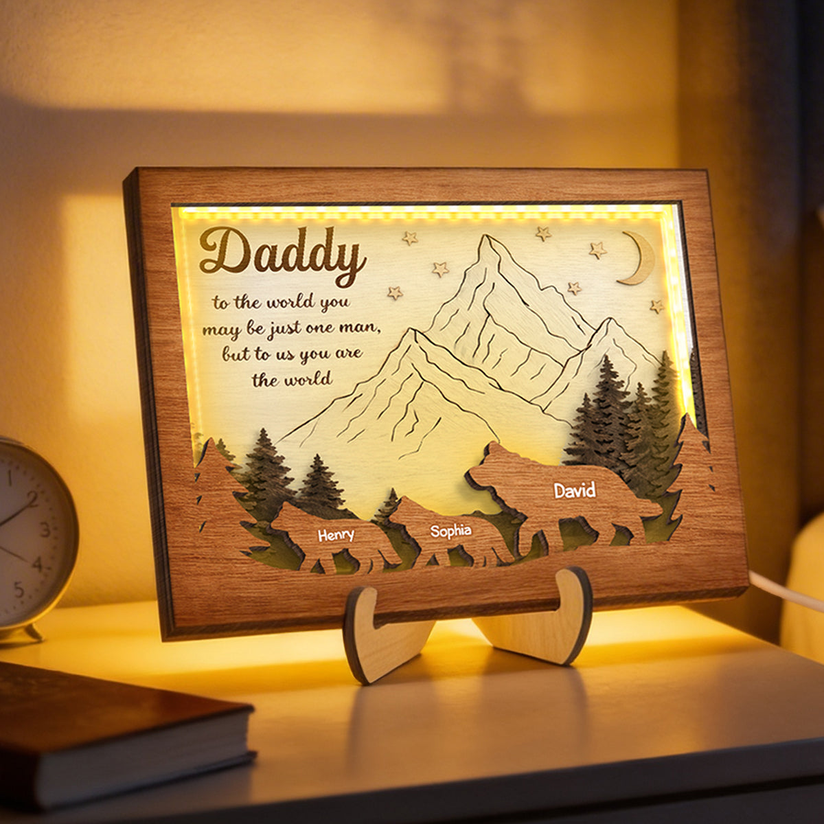 Daddy to Us You Are the World - Personalized 2-Layered Wooden Plaque LED Night Light - Sentimental Gift for Dad, Husband