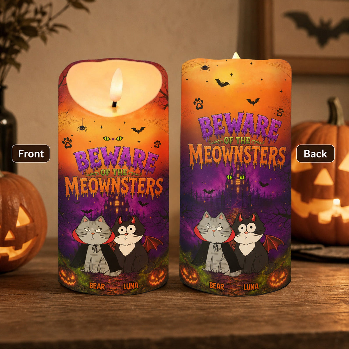 Beware Of The Meownsters - Personalized LED Candle - Purrfect Halloween Decor for Cat Lover