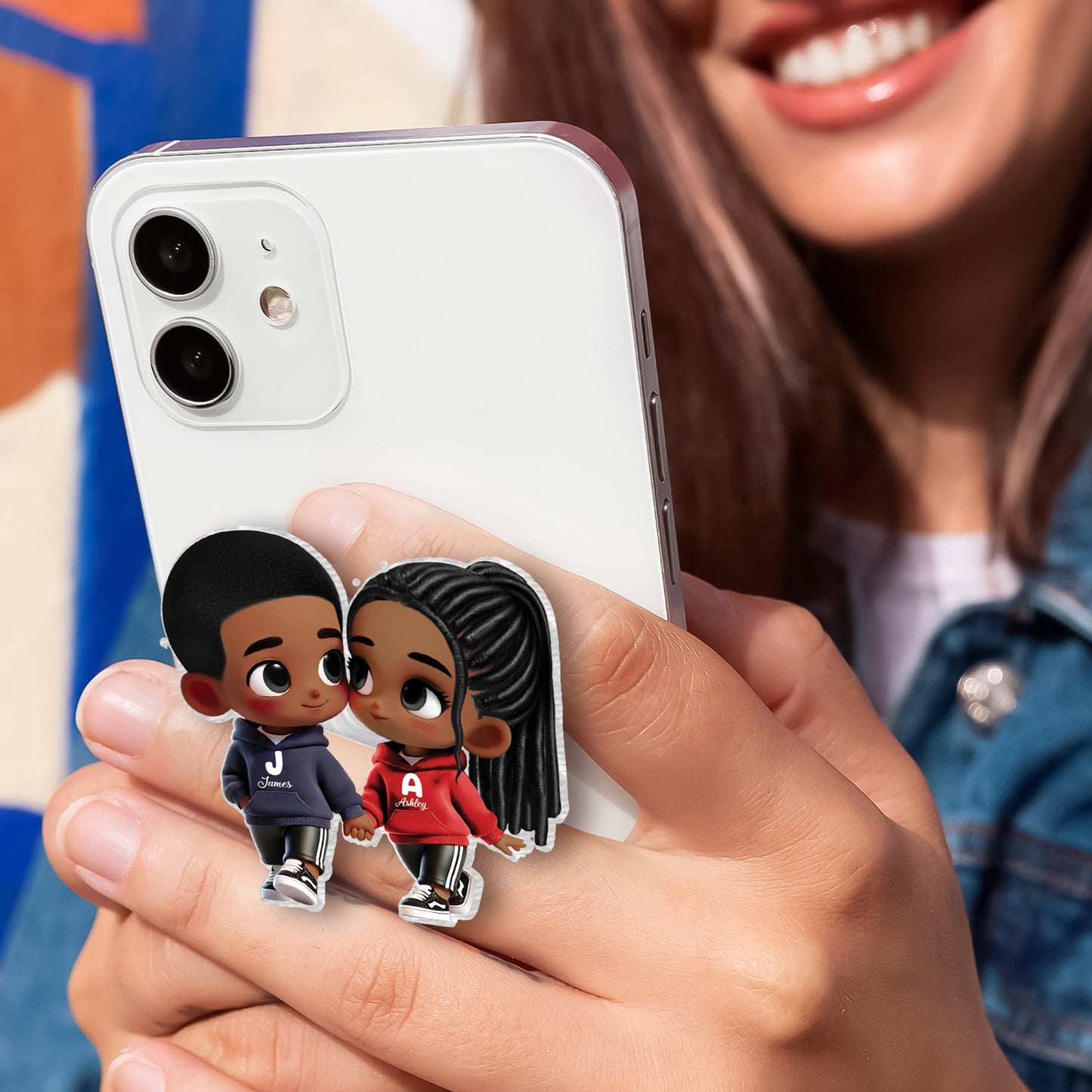3D Effect Cute Cartoon Couple Holding Hands - Personalized Acrylic Magnetic Phone Grip - Matching Phone Grips for Couples