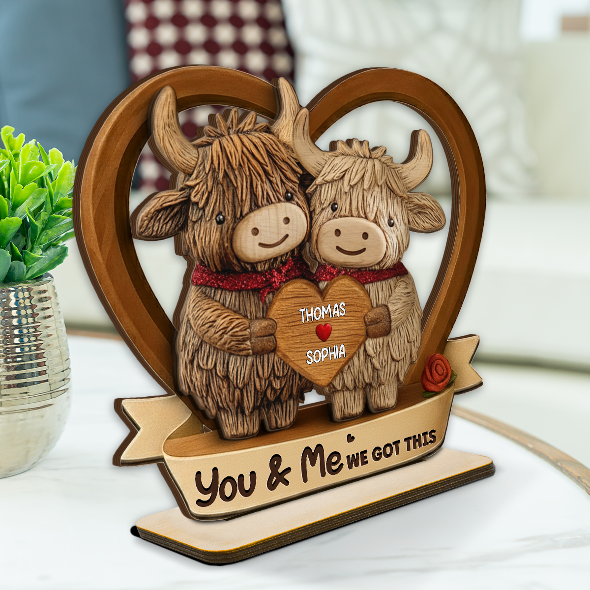 3D Effect Highland Cows Couple Heart - Personalized 2-Layered Wooden Plaque - Perfect Valentine's Day Gift For Him, Gift For Her
