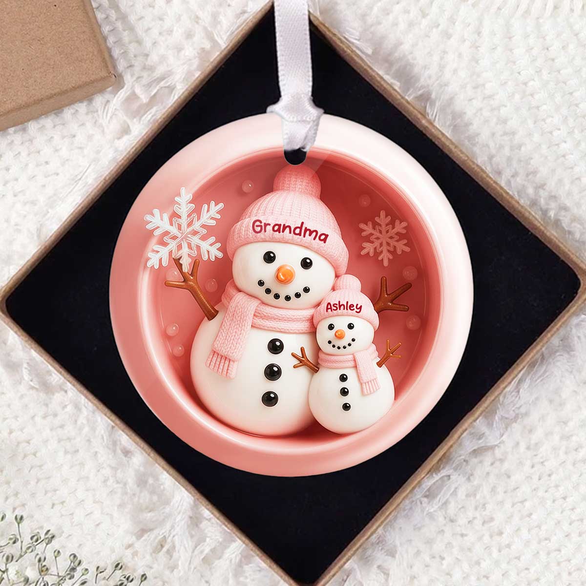 3D Effect Snowman Grandma Granddaughter Grandson - Personalized Ceramic Ornament