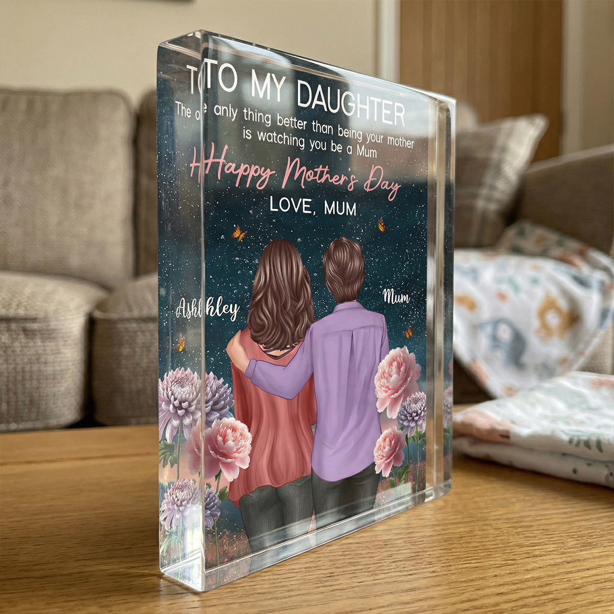 To My Daughter From Mum Birth Month Flower Beautiful Hill At Night - Personalised Acrylic Block Plaque - Gift For Mom