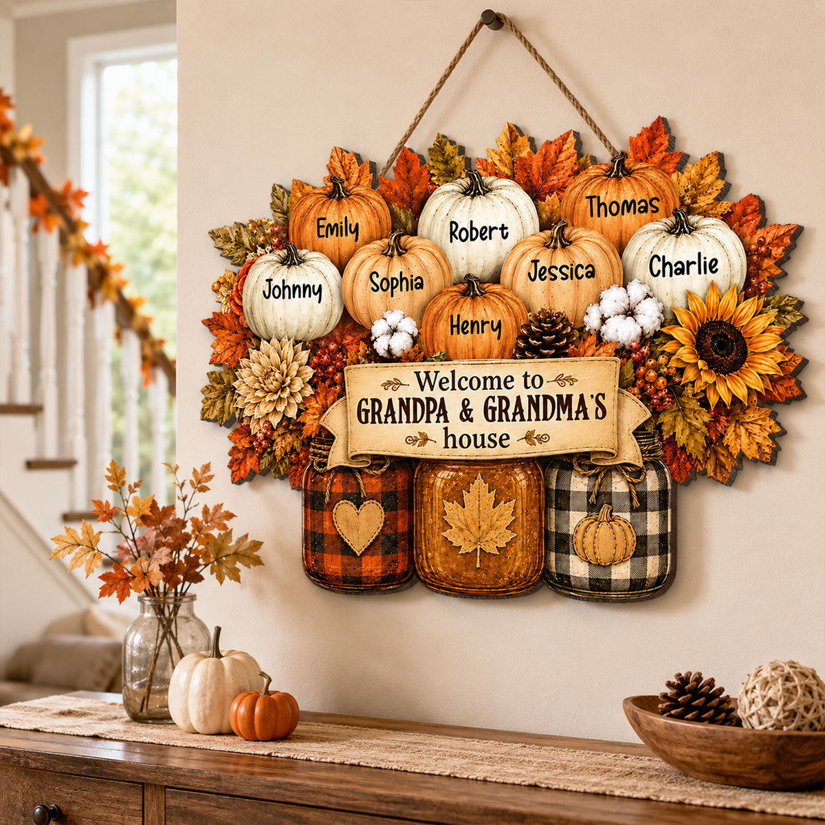 Cozy Warm Fall Season Mason Jars Pumpkins Welcome To Grandma Grandpa House - Personalized Wood Sign - Fall Decor For Grandparents (Up to 20 Grandkids)