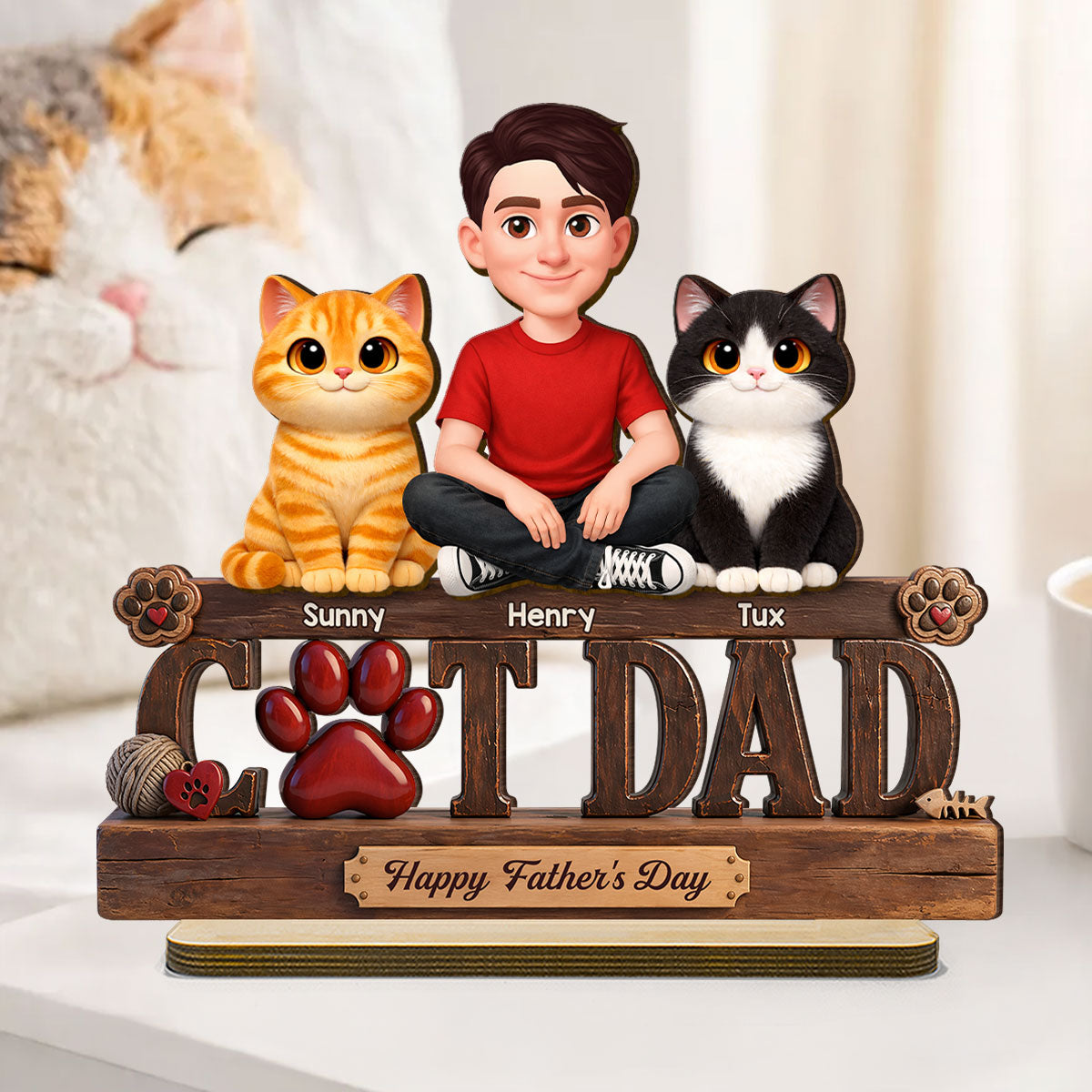 Best Cat Dad Happy  - Personalized 2-Layered Wooden Plaque -  Gift For Cat Dad, Cat Lovers