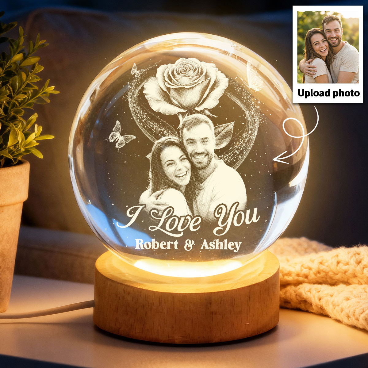 Eternal Love Rose I Love You - Personalized Crystal Ball LED Night Light - Valentine's Day Gift For Couple, For Her