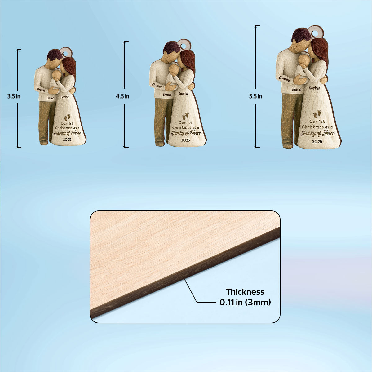 3D Effect First Christmas As Family Of Three Mom Dad & Baby - Personalized Car Hanger