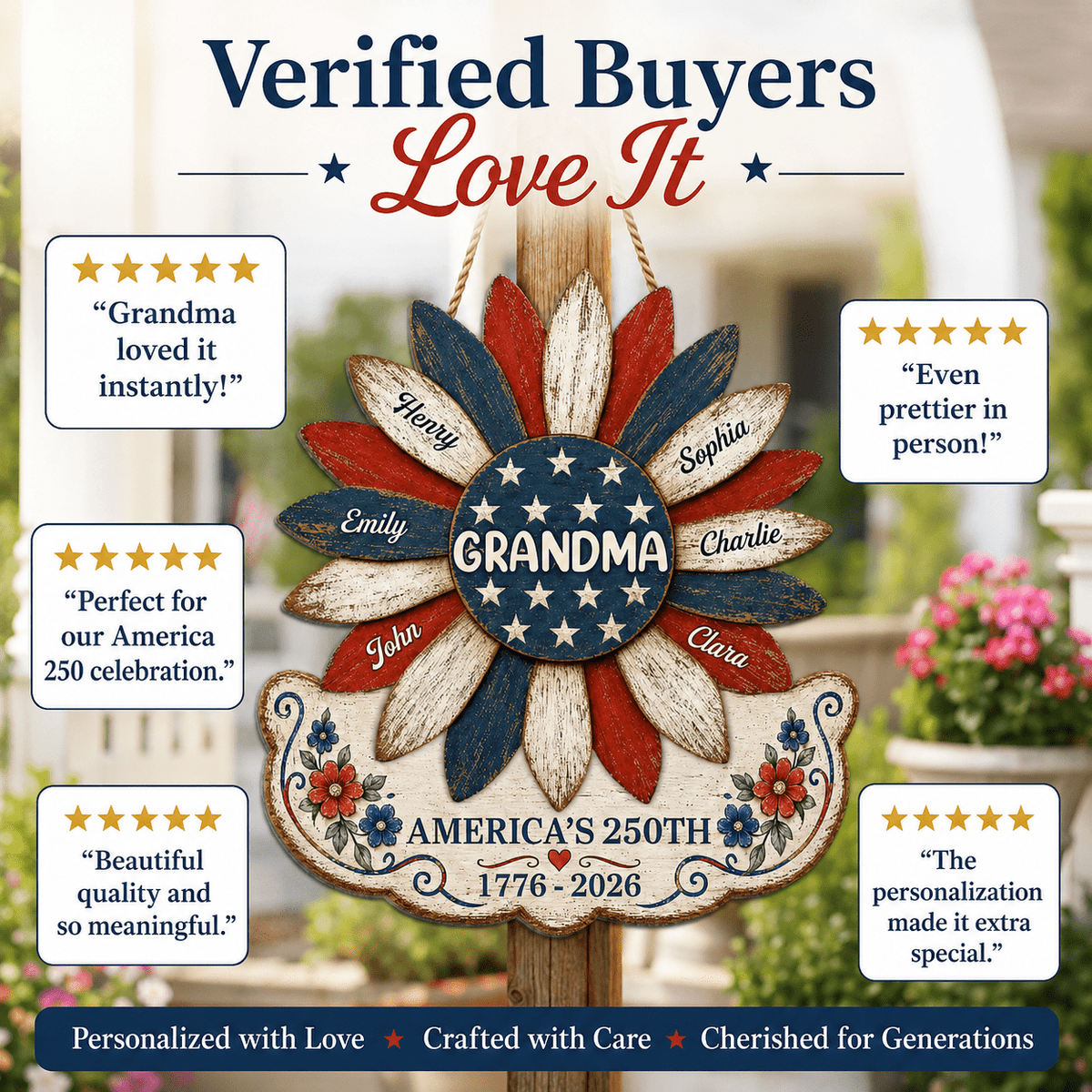 Grandma Nation Flag Sunflower America 250th Anniversary - Personalized Wood Sign - 250 Years Of Freedom, Patriotic Decoration