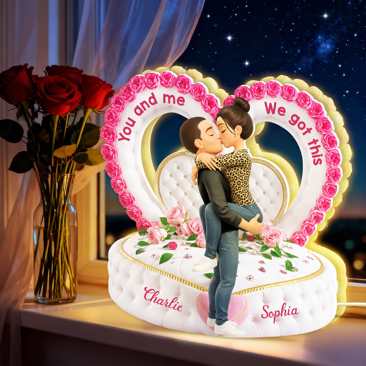 Romantic Heart-Shaped Headboard with Roses - Personalized Light Box - Heartfelt Valentine's Day Gift for Her, for Him