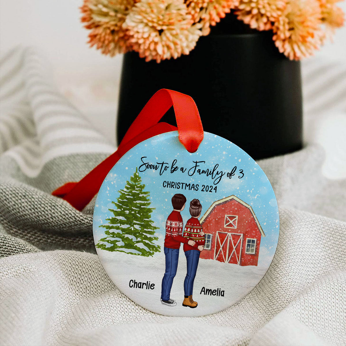 Family Pregnancy Christmas Ornament, Expecting Pregnancy announcement, Red Barn, Personalized Circle Ceramic Ornament