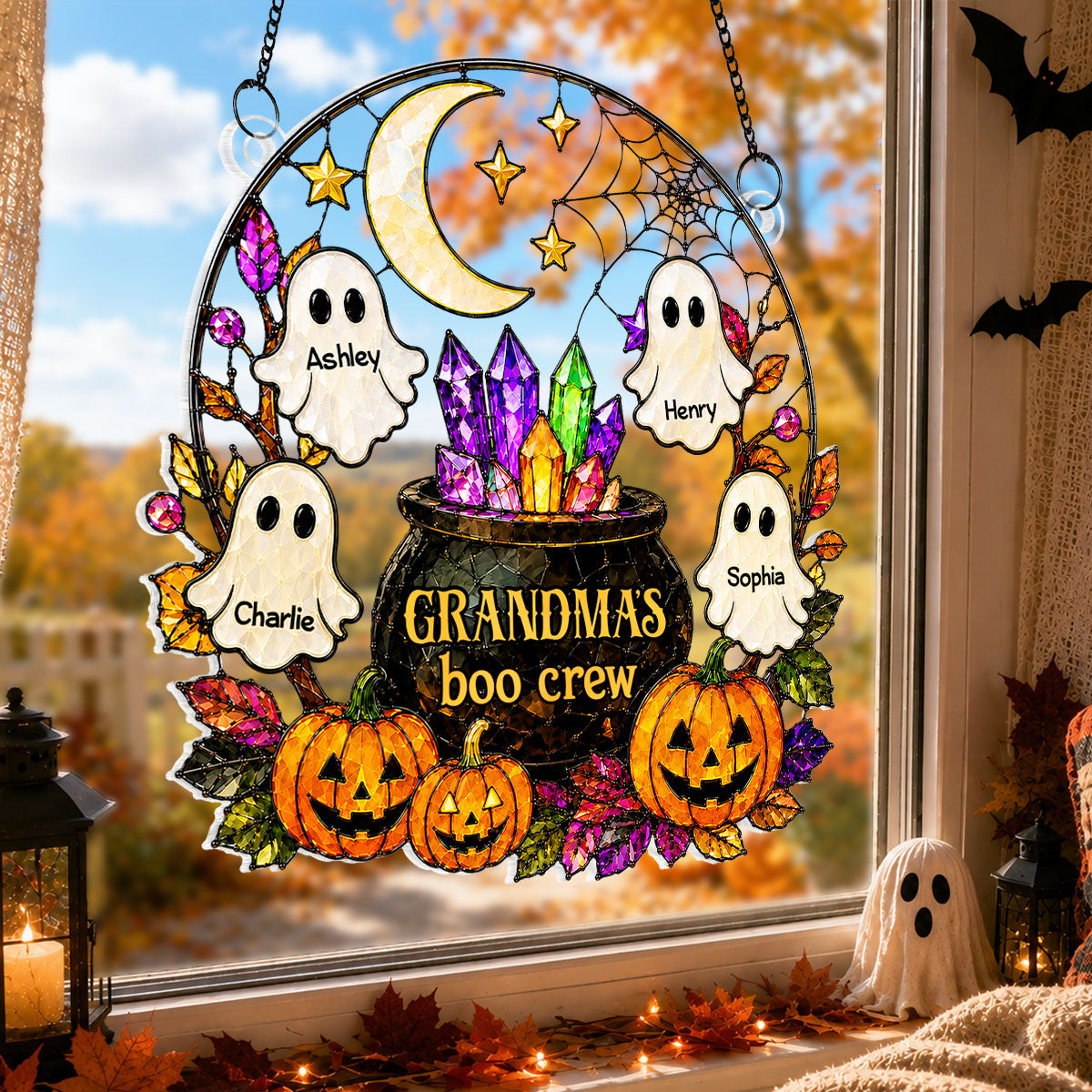 Spooky Grandma's Boo Crew Cauldron - Personalized Acrylic Window Hanging - Halloween Decoration For Grandma