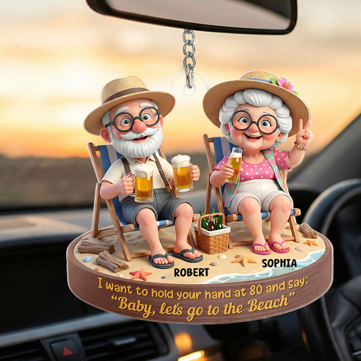3D Effect Old Couple Baby Let's Go to the Beach  - Personalized Acrylic Keychain - Sentimental Gift for him, for her