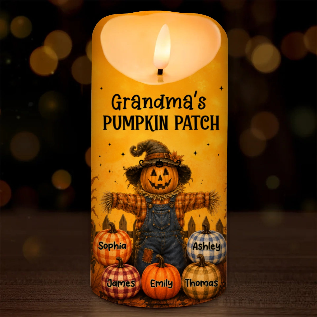 Grandma's Pumpkin Patch Scarecrow - Personalized LED Candle - Fall Season, Halloween Decor For Grandma