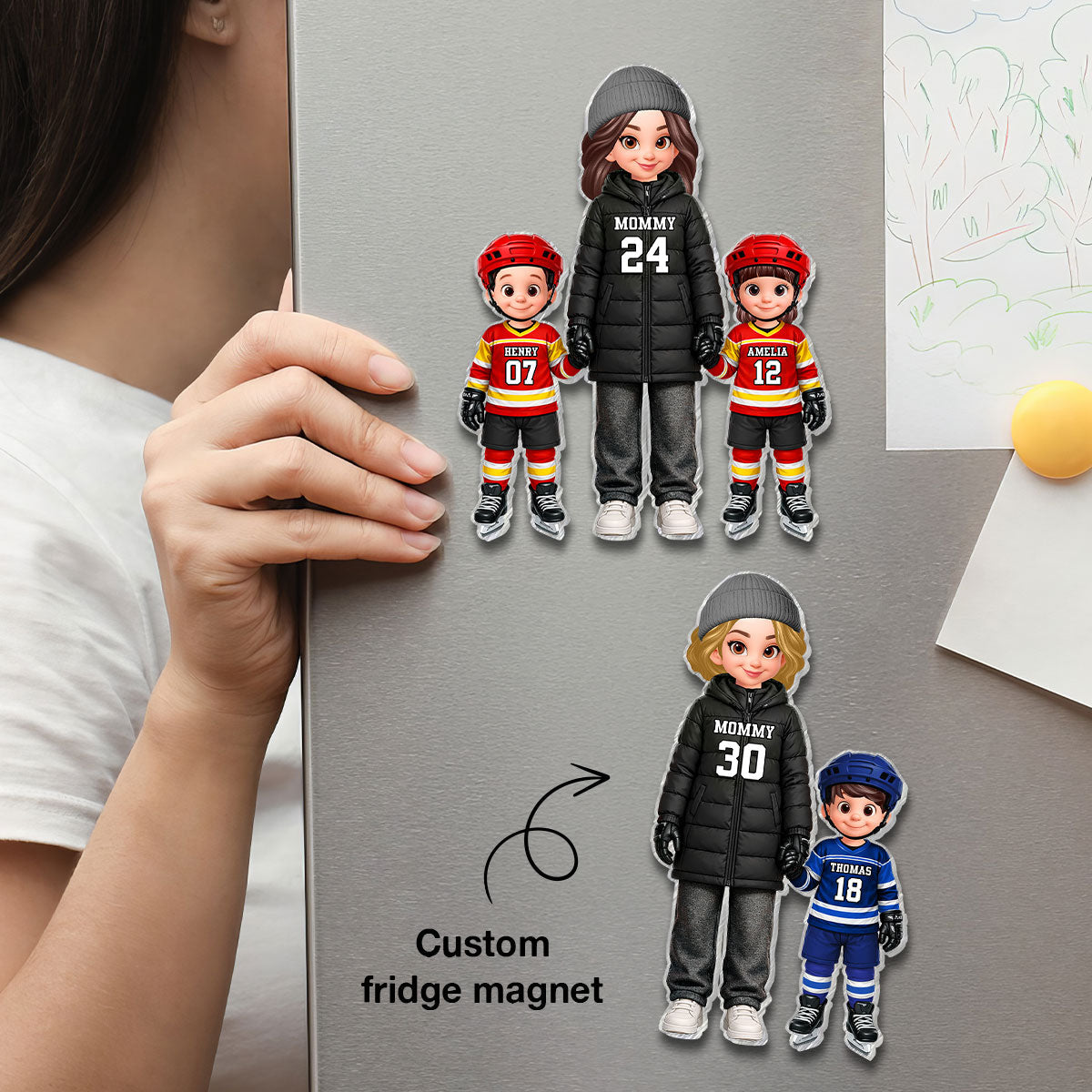 Hockey Mom And Kids - Personalized Acrylic Fridge Magnet - Heartfelt Gift For Hockey Mom, Gift For Wife