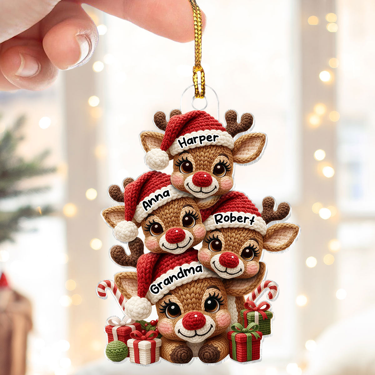 3D Effect Faux Yarn Grandma & Grandkids Reindeer Christmas - Personalized Acrylic Ornament - Gift for Grandma, Grandkids