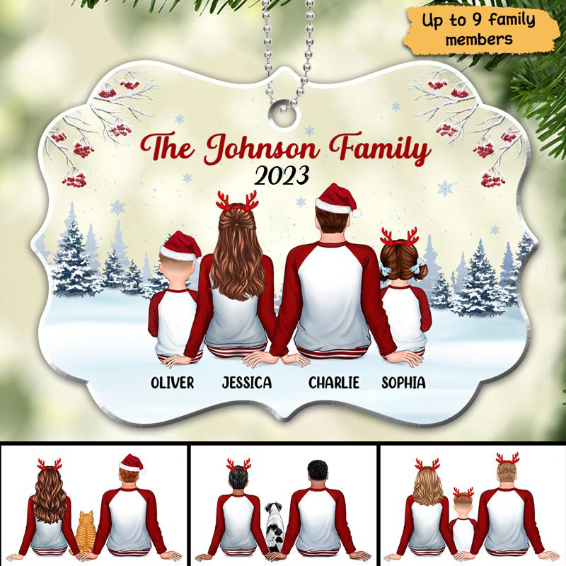 Pajamas Family Sitting In Snow Personalized Acrylic Ornament