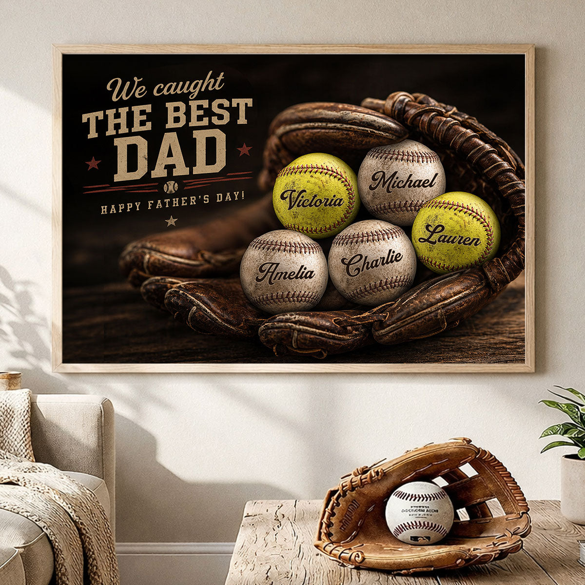 Vintage Baseball Gear We Caught the Best Dad - Personalized Poster - Father's Day Gift for Husband, Dad