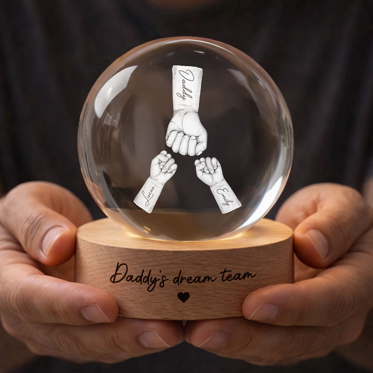 Daddy's Dream Team - Personalized Crystal Ball LED Night Light -  Gift for Dad, Husband
