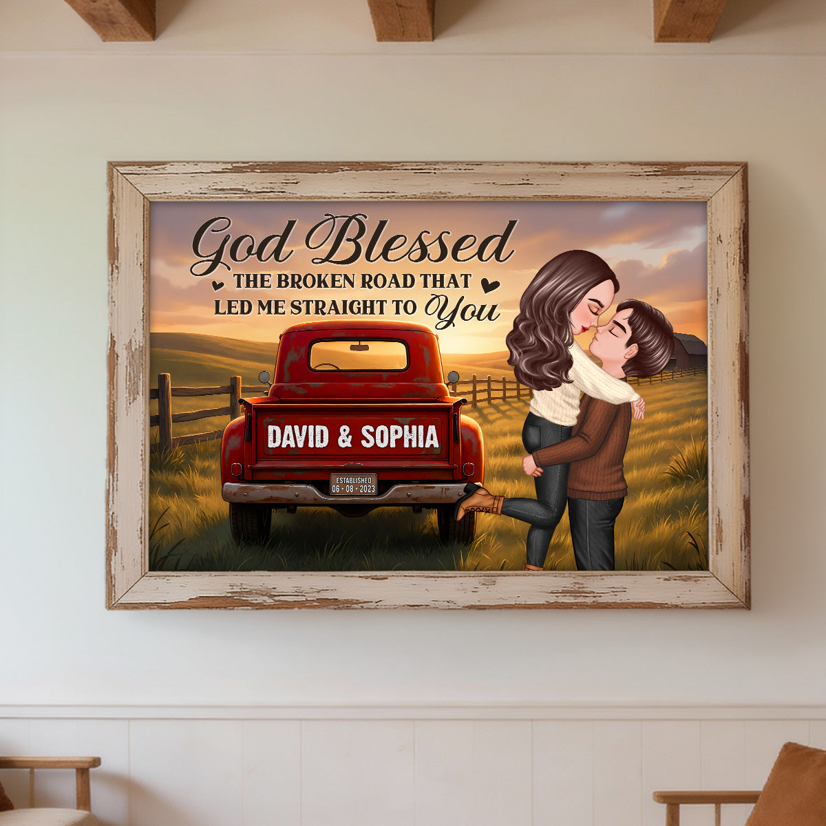 Rustic Nostalgia Red Truck Couple Hugging Kissing Farmhouse Decor - Personalized Poster - Heartfelt Valentine, Anniversary Gift For Him, For Her