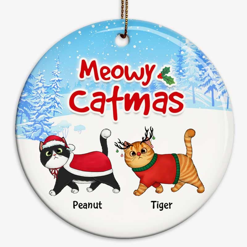 Winter Wonderland Walking Fluffy Cats In Snow Personalized Circle Ornament