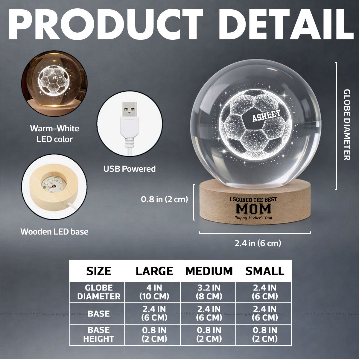 We Scored The Best Soccer Mom - Personalized Crystal Ball LED Night Light - Mother's Day Gift for Mom, Wife