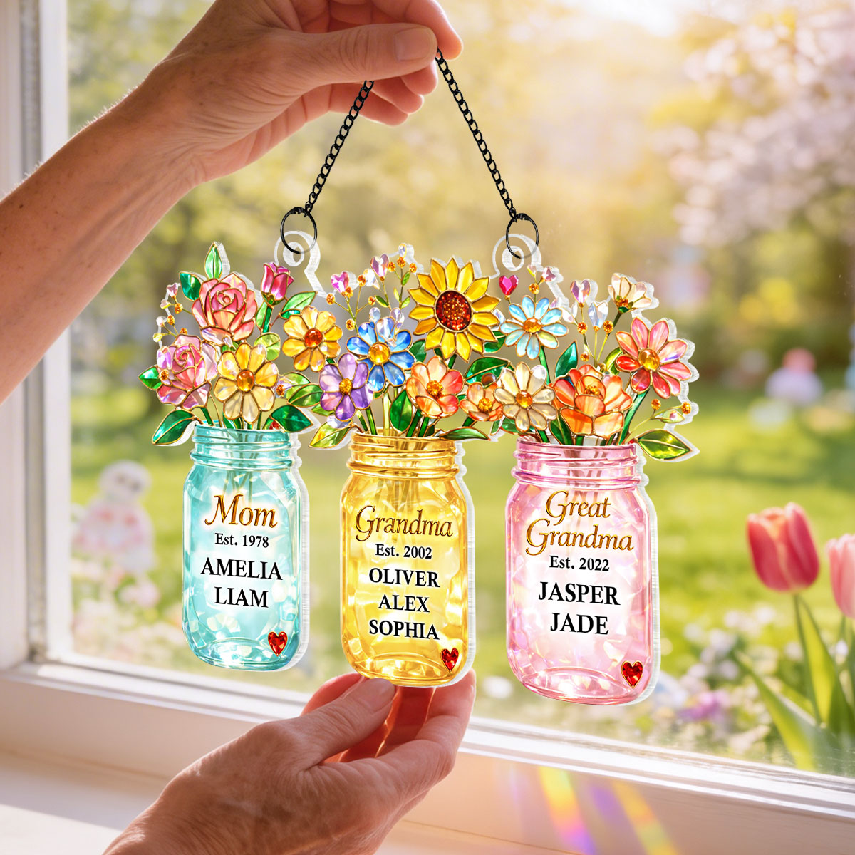 Mom Grandma Greatgrandma Flower - Personalized Suncatcher - Heartfelt Gift for Mom, Grandma
