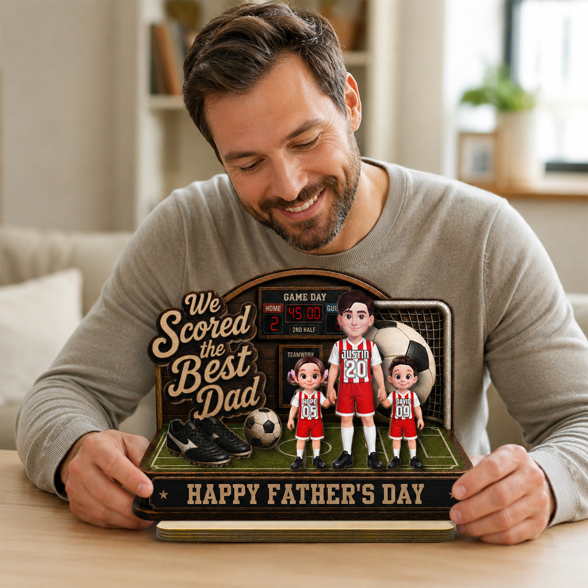 Soccer Dad & Kids On Court 2D Flat - Personalized 2-Layered Wooden Plaque -  Gift For Soccer Dad, UK Football Dad