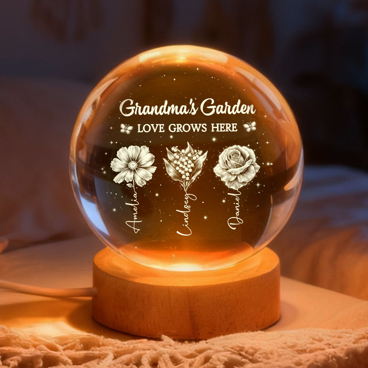 Grandma's Garden Custom Birth Month Flower - Personalized Crystal Ball LED Night Light - Sentimental Gift for Grandma