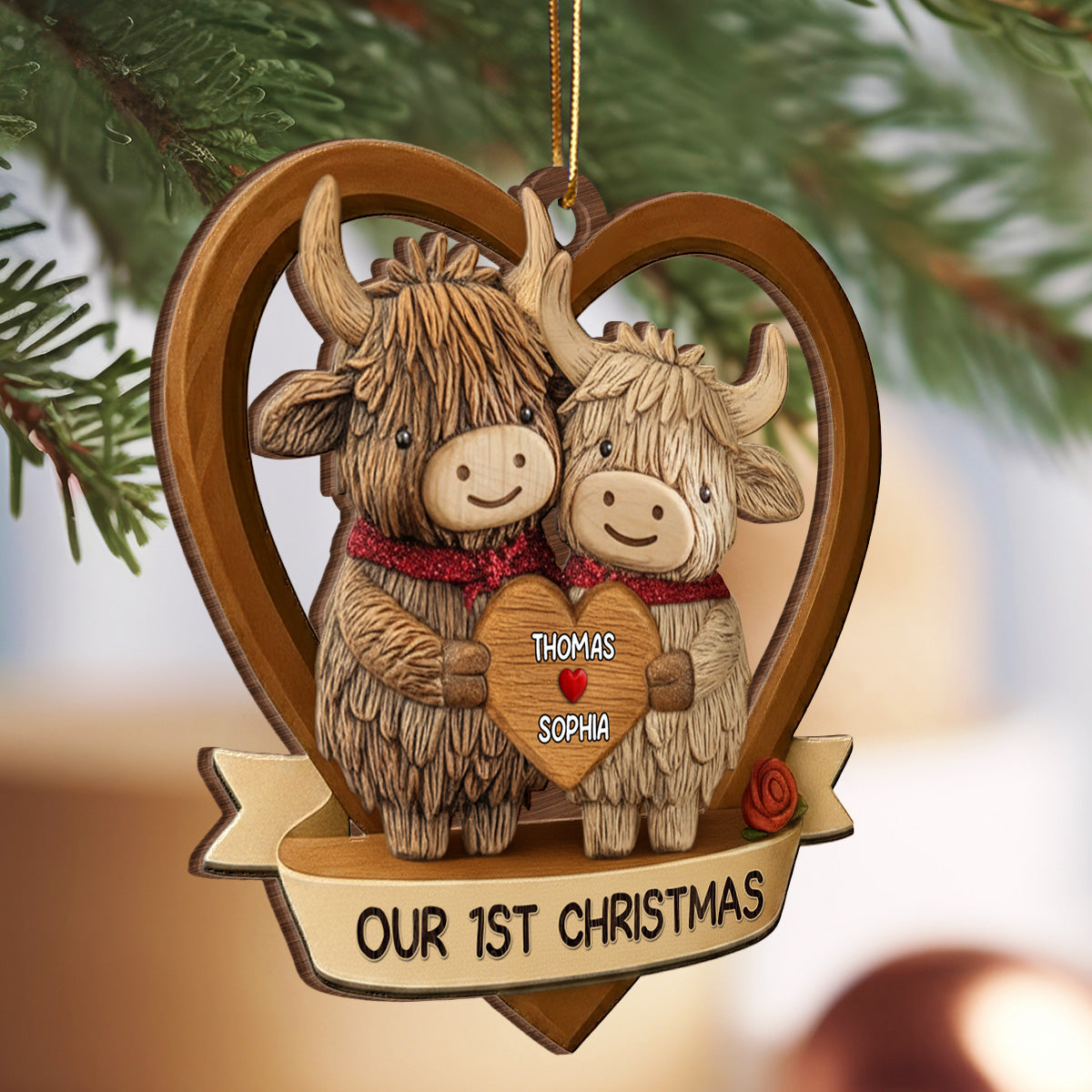 3D Effect Highland Cows Couple - Personalized Wooden Ornament - Gift For Him, Gift For Her