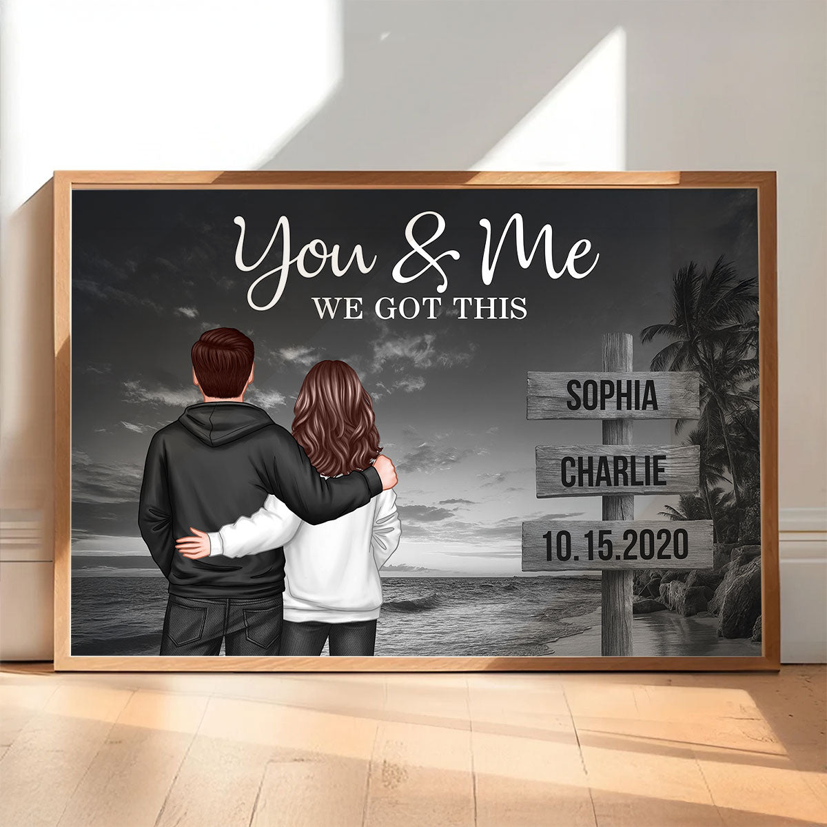 Retro Couple Street Sign Beach Landscape - Personalized Poster - Heartfelt Couple Gift for him, for her