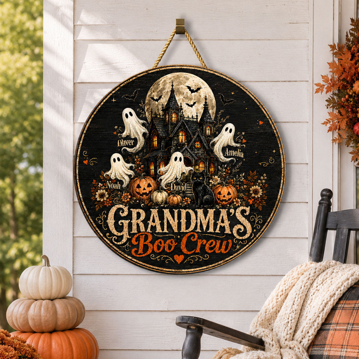 Grandma's Boo Crew Halloween Haunted House - Personalized Wooden Door Sign - Halloween Decor for Grandma