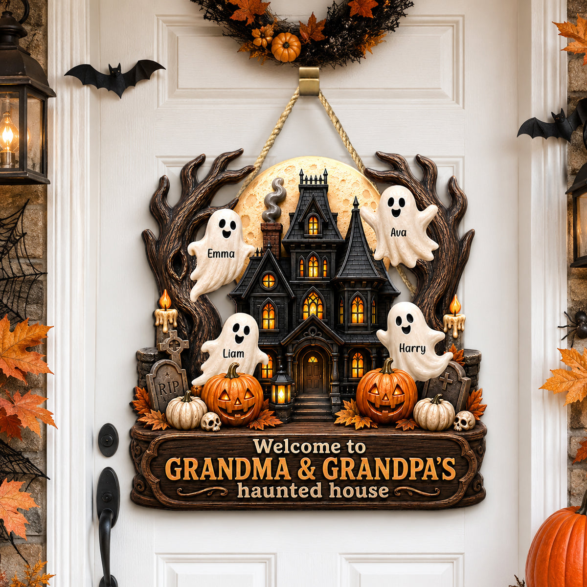 Grandma Grandpa's Halloween Haunted House - Personalized Door Sign - Halloween Decor for Grandparents