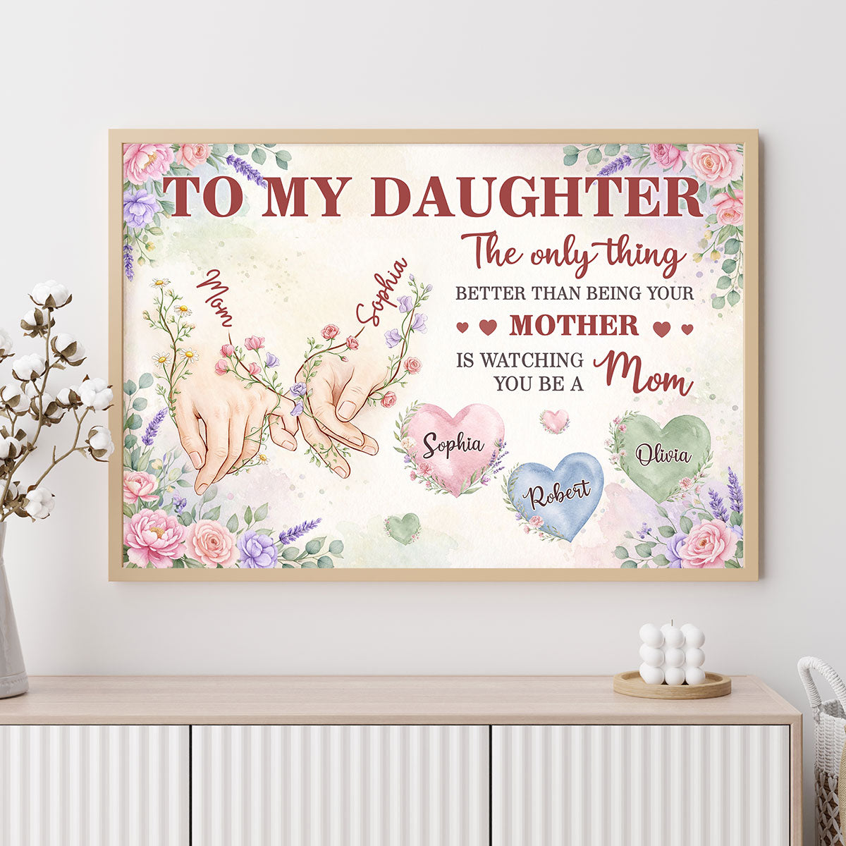 Floral To My Daughter Mom And Daughter Holding Hands Custom Kids Names - Personalized Poster - Mother's Day Gift For Daughter