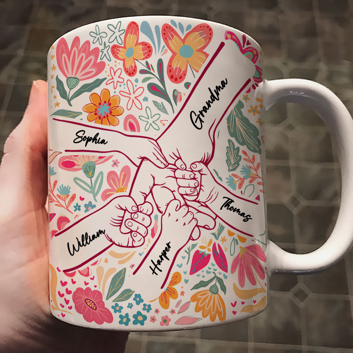 Kids Holding Hand Outline Floral Boho - Personalized Mug - Mother's Day Gift For Mom Grandma