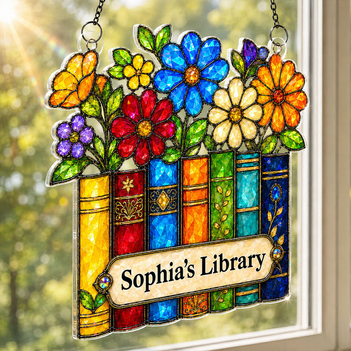 Floral Library Books - Personalized Acrylic Window Hanging - Book Lover Gifts for Women, Girl