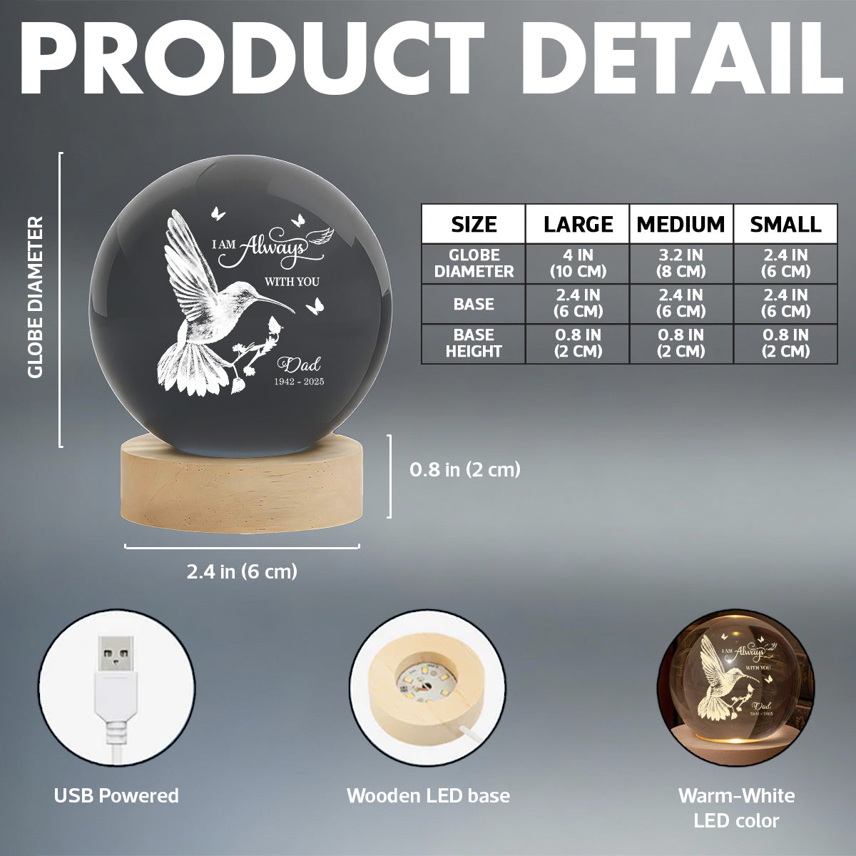 Always With You Hummingbird - Personalized Crystal Ball LED Night Light - Memorial Remembrance Keepsake
