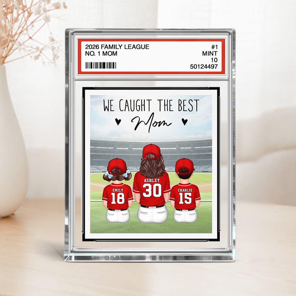 Baseball No. 1 Mom Woman & Kids Sitting Trading Card Style - Personalized Acrylic Block Plaque