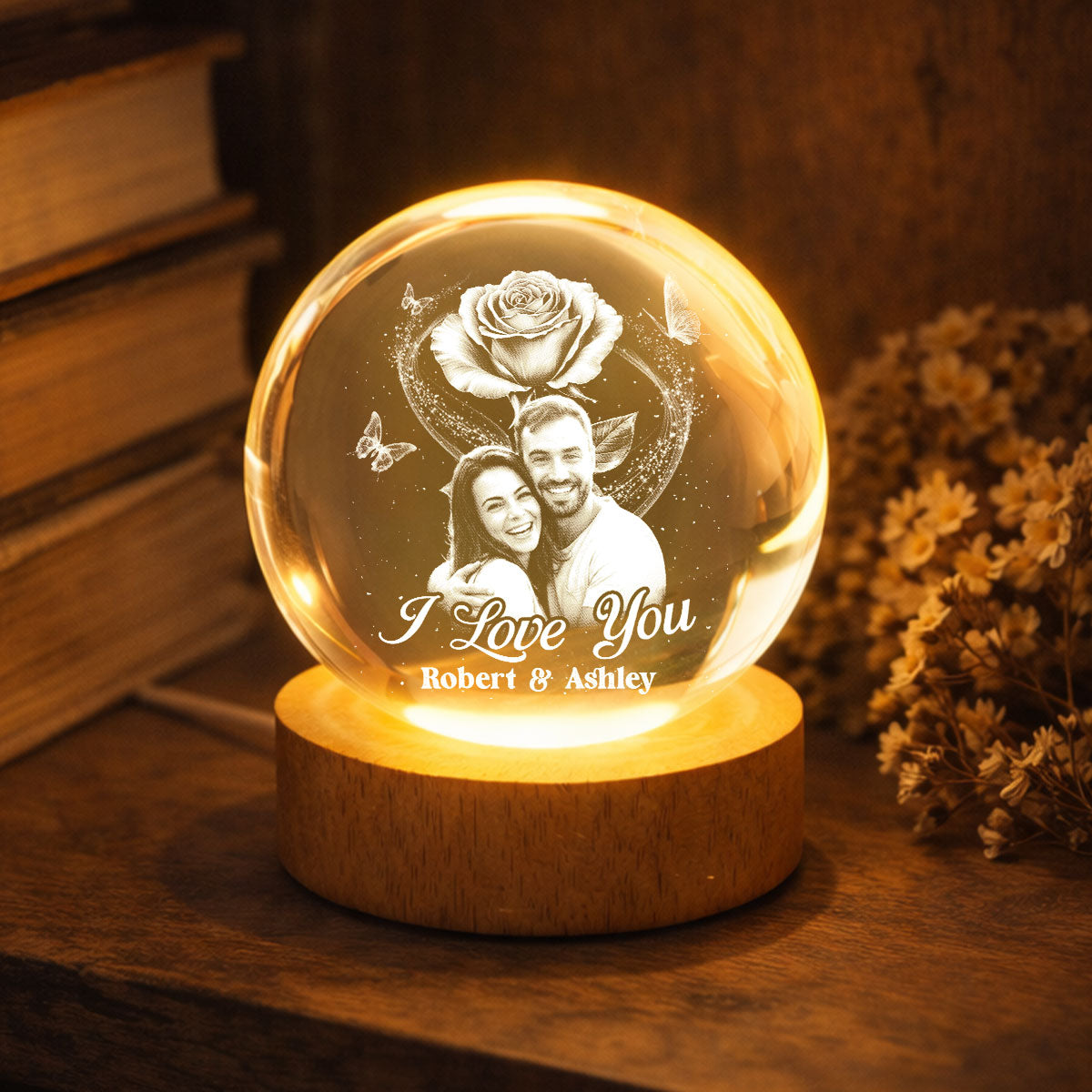 Eternal Love Rose I Love You - Personalized Crystal Ball LED Night Light - Valentine's Day Gift For Couple, For Her