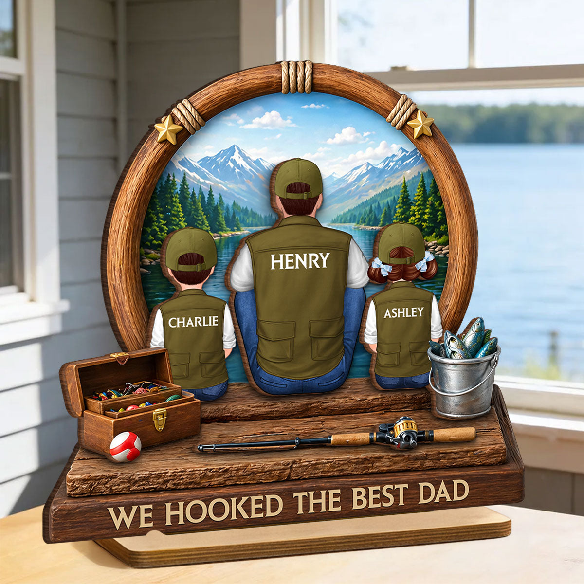 Fishing Dad Kids Mountain Lake - Personalized 2-Layered Wooden Plaque - Heartfelt Gift For Fishing Dad, Gift For Husband
