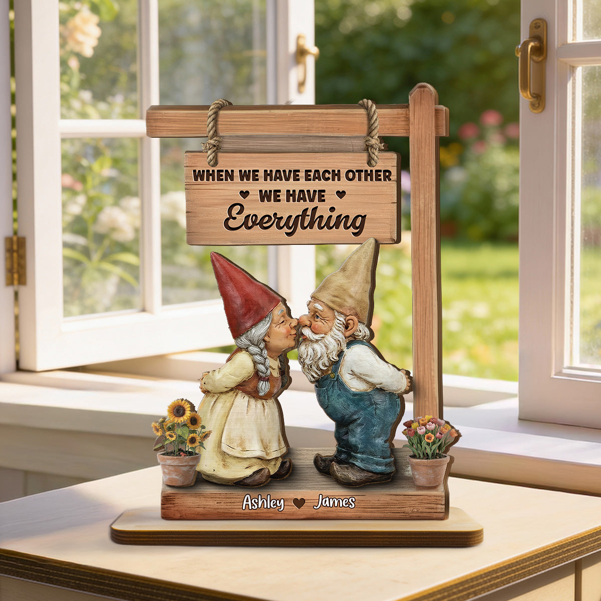3D Effect Gnome Couple Kissing - Personalized 2-Layered Wooden Plaque - Anniversary, Valentine's Day Gift For Him, Gift For Her