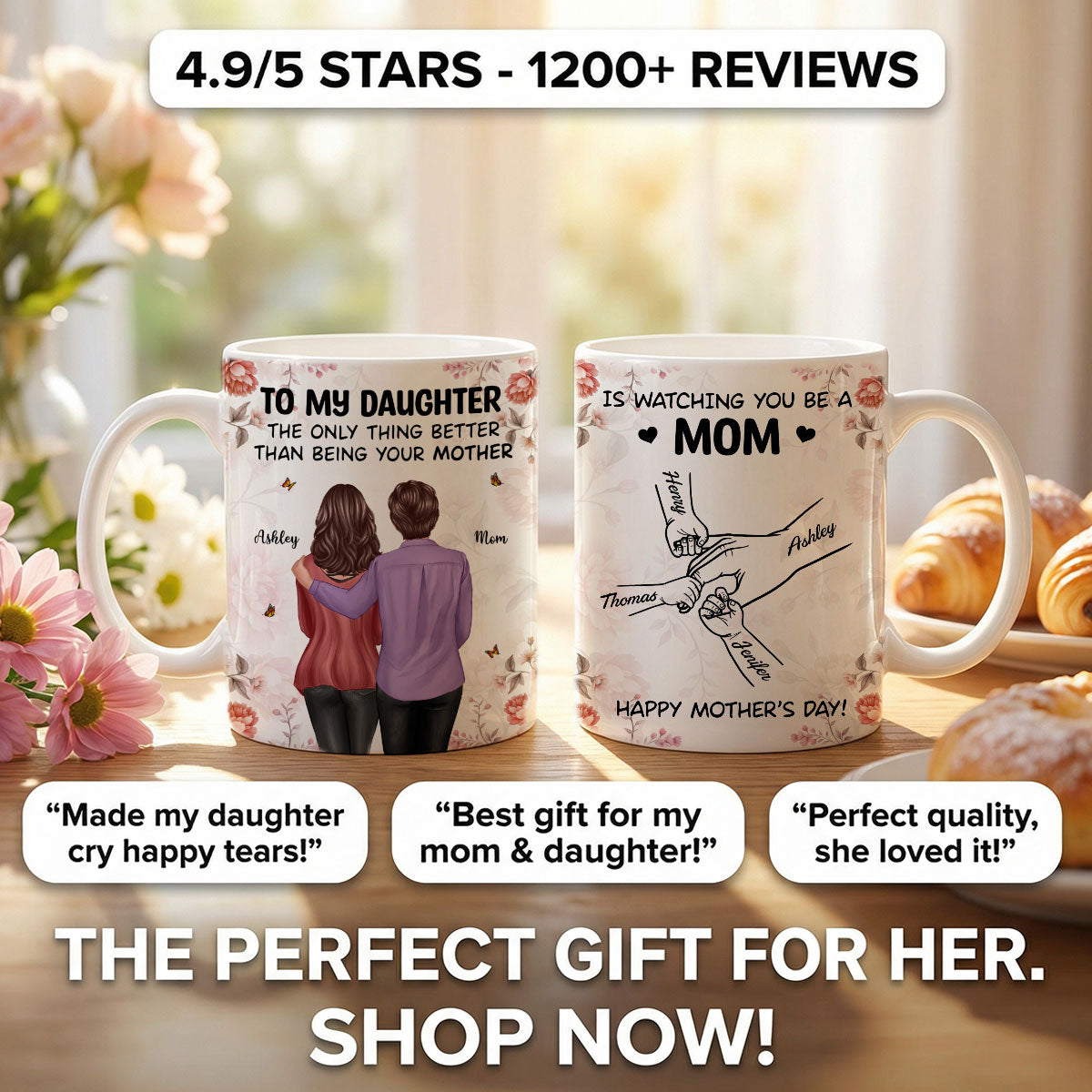 To My Daughter From Mom Hands Outline Floral Pink Tone - Personalized Mug - Mother's Day Gift For Daughter