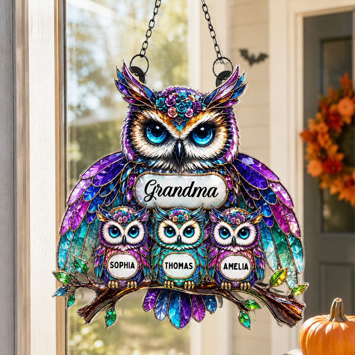 Grandma Owl - Personalized Window Hanging Decor - Halloween Decor for Grandma
