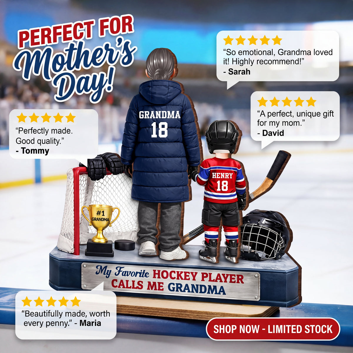 Grandma Hockey And Grandkids - Personalized 2-Layered Wooden Plaque - Heartfelt Gift For Grandma