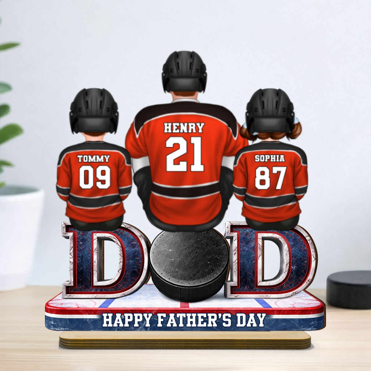Hockey Dad And Kids Sitting Together - Personalized 2-Layered Wooden Plaque -  Gift, Gift For Hockey Dad, Gift For Husband