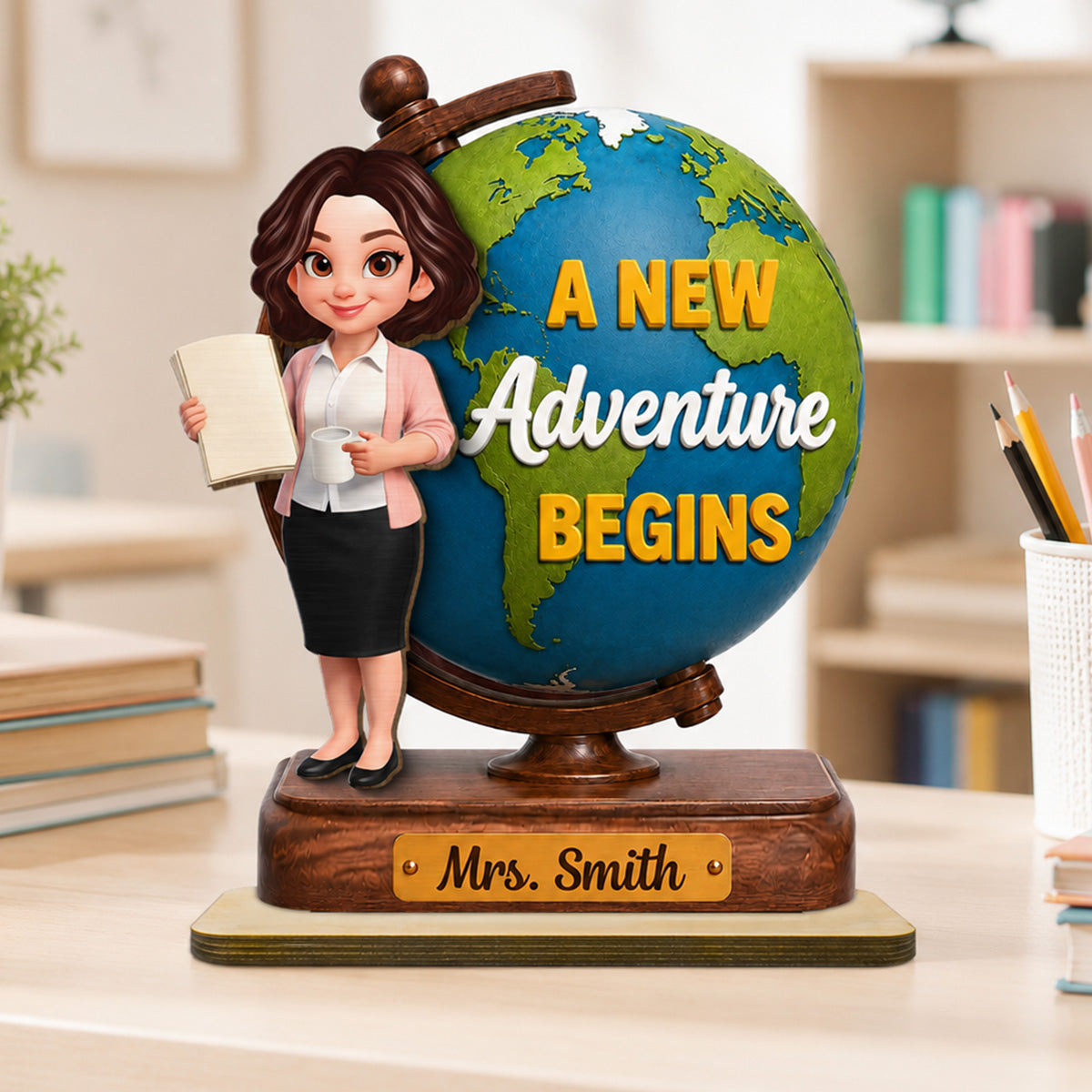 Teacher World Globe 2D Flat - Personalized Wooden Plaque - Back To School Gift