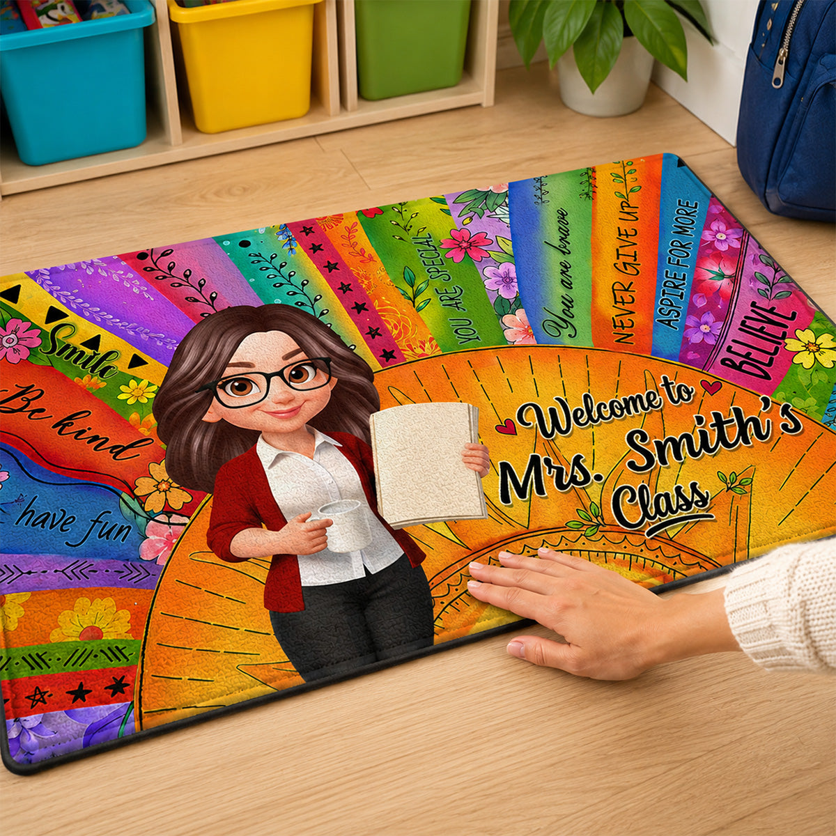 Welcome To Teacher Classroom Boho Sun Colorful Message - Personalized Doormat - Back To School Gift For Teacher