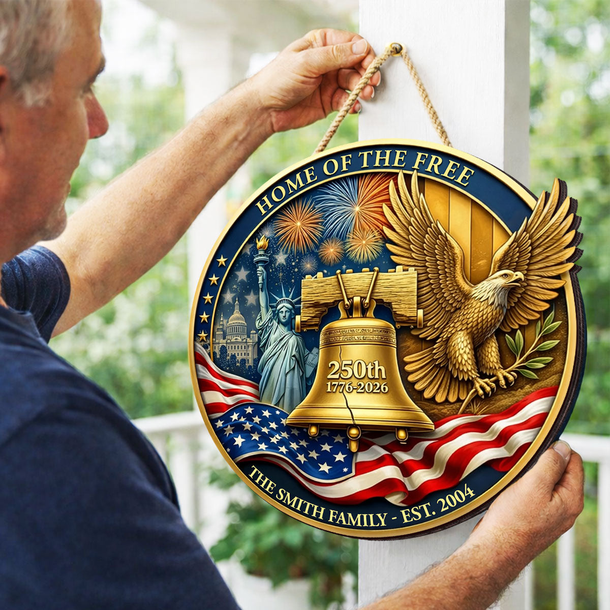1776-2026, 250th Anniversary U.S.A - Personalized Wooden Door Sign - Custom Family Name
