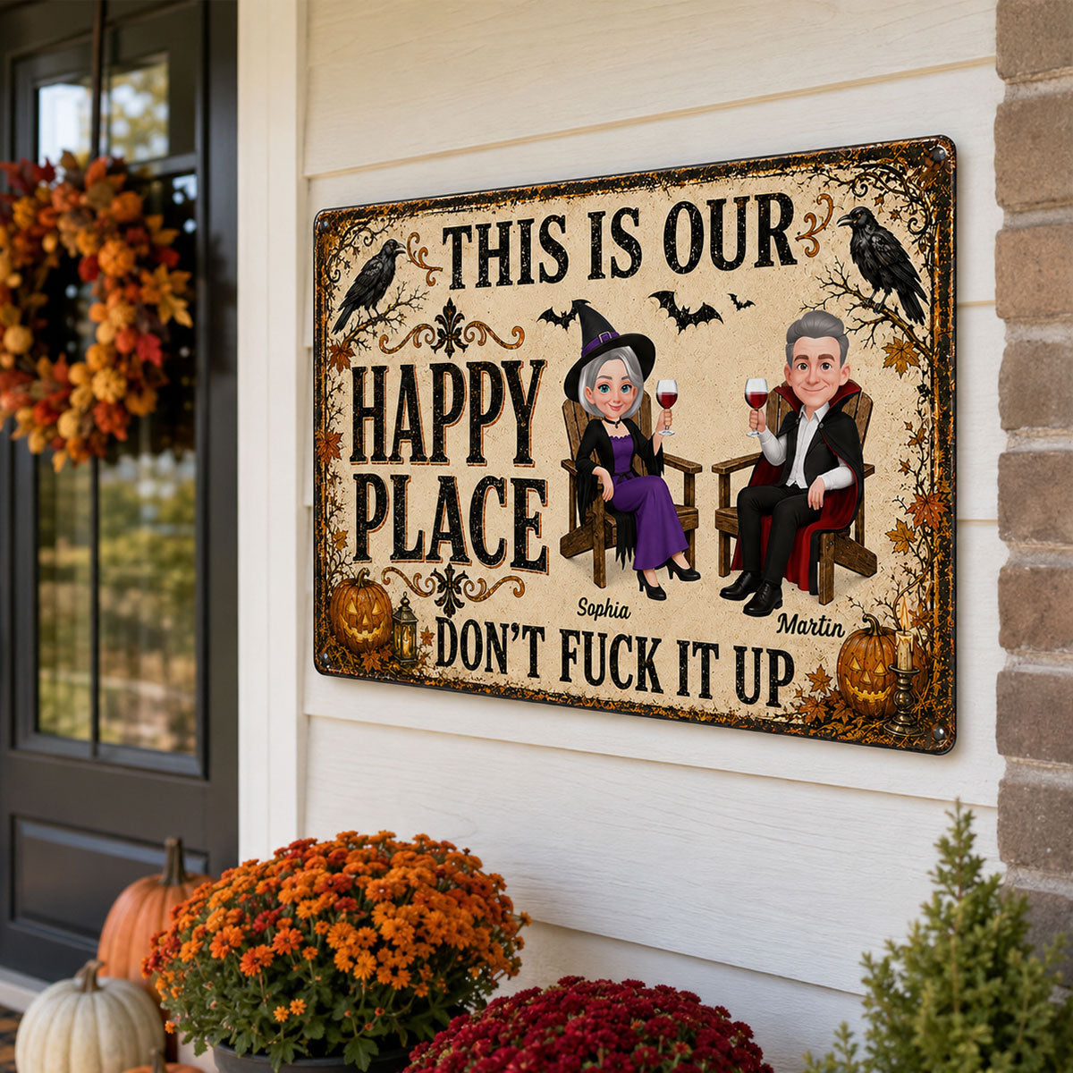 Happy Place Halloween Couple - Personalized Metal Sign - Halloween Gift For Him, Her