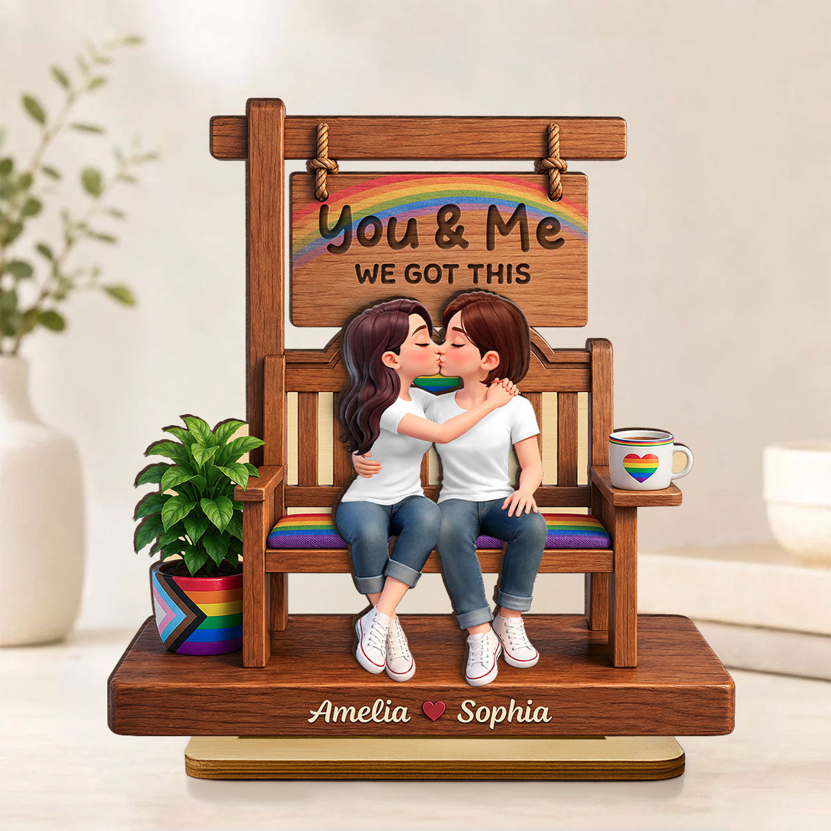 Pride Couple LGBTQ Romantic Love - Personalized 2-Layered Wooden Plaque - Gift For Couple, Happy Pride Month